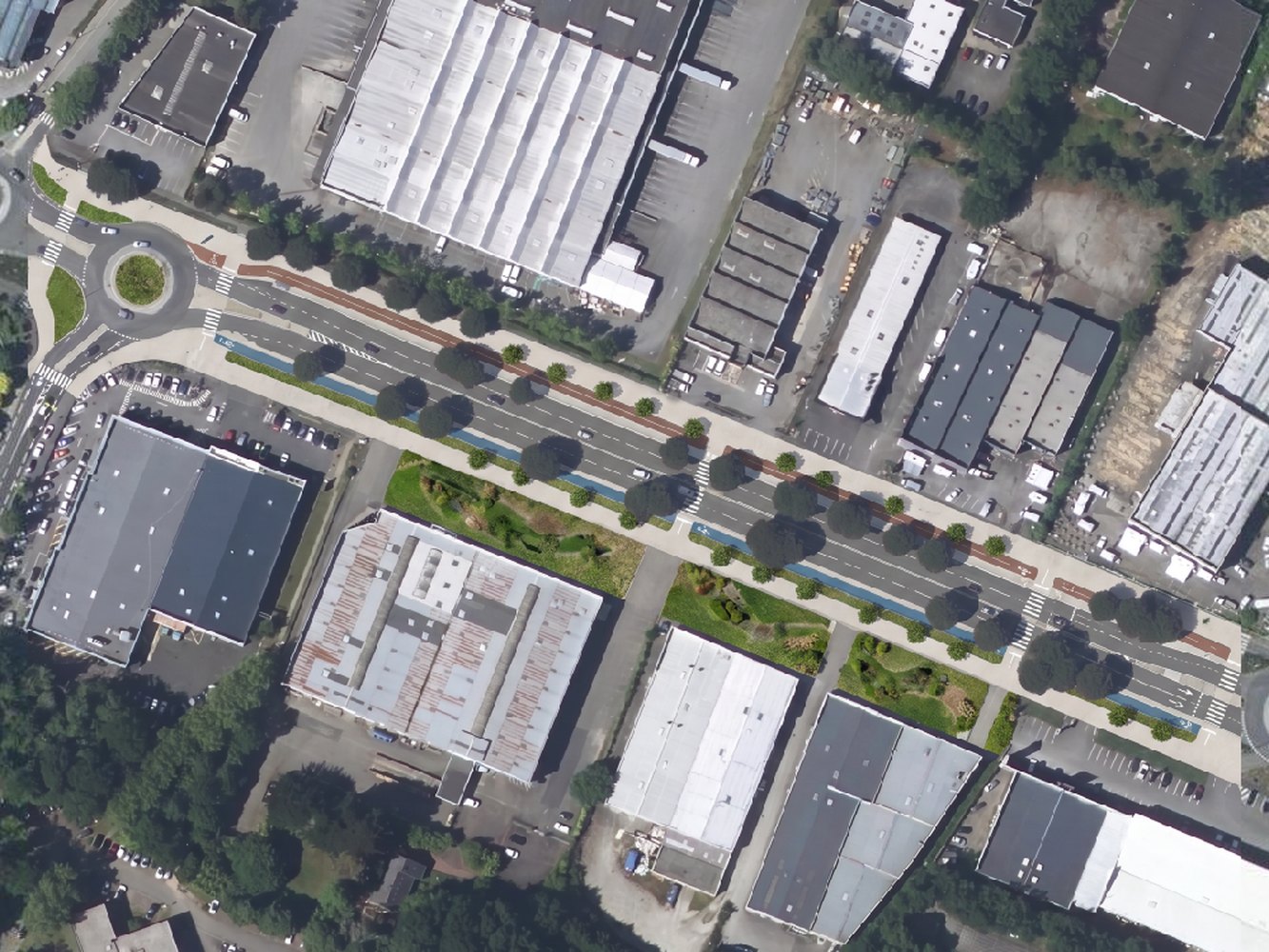 The commercial strip before, then the same view with blue cycle tracks, a red bus lane, a planted central median and rows of new street trees (after)