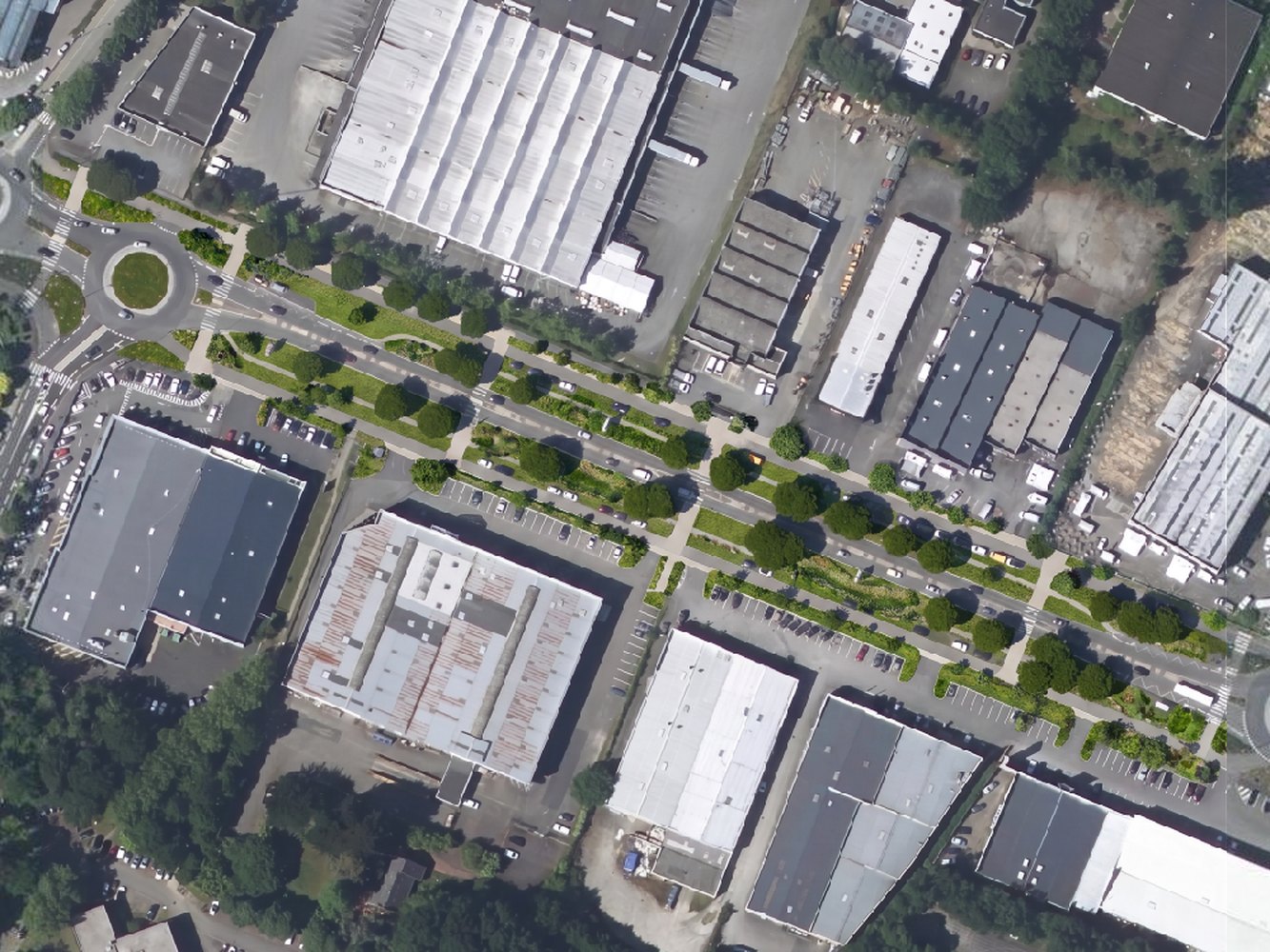 The commercial strip before, then the same view with deep planted strips, trees and footpaths replacing the front row of each car park (after)