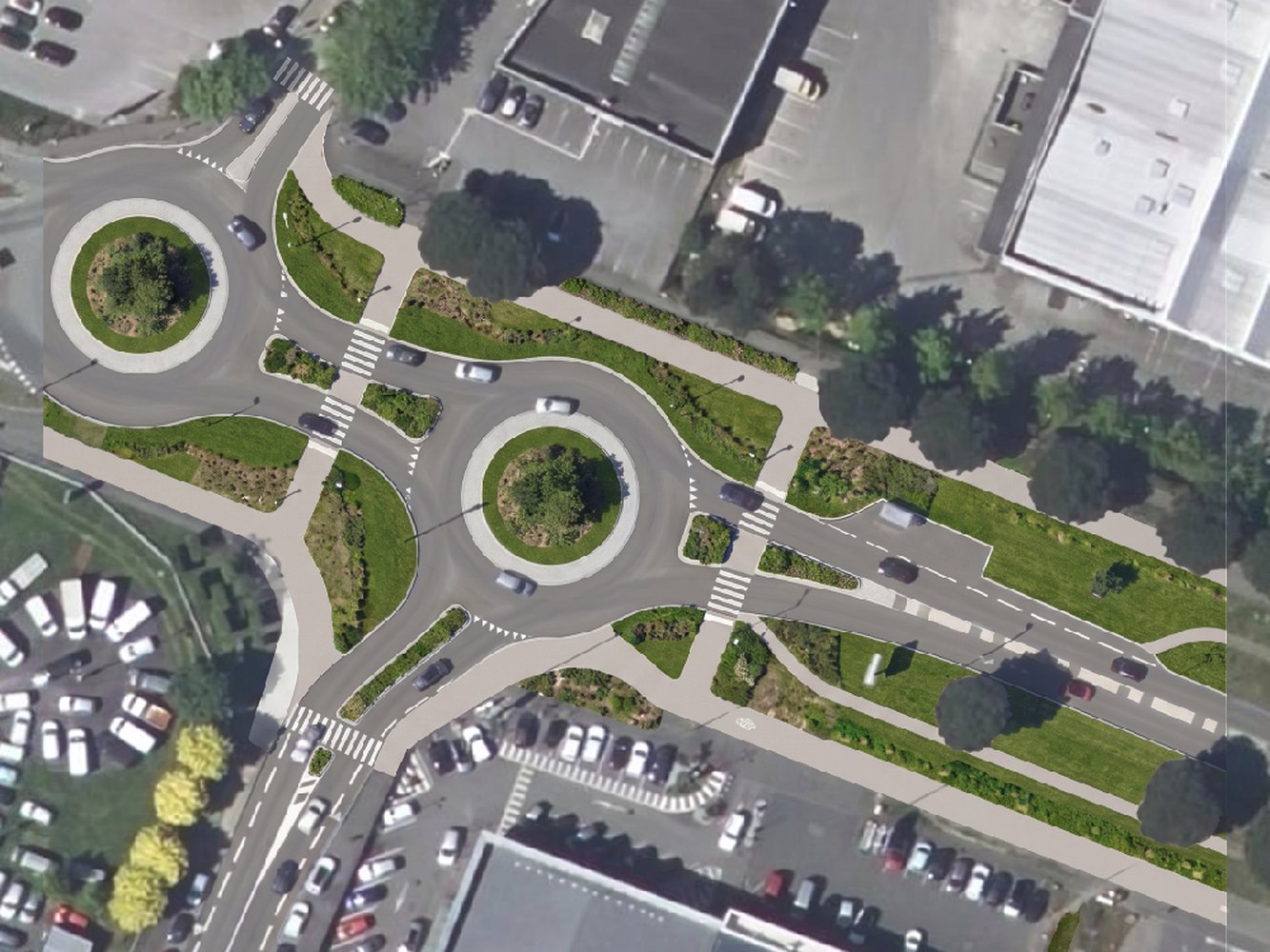The two roundabouts before, then the same junction with smaller circulating lanes, short straight crossings and grass replacing the surplus asphalt (after)