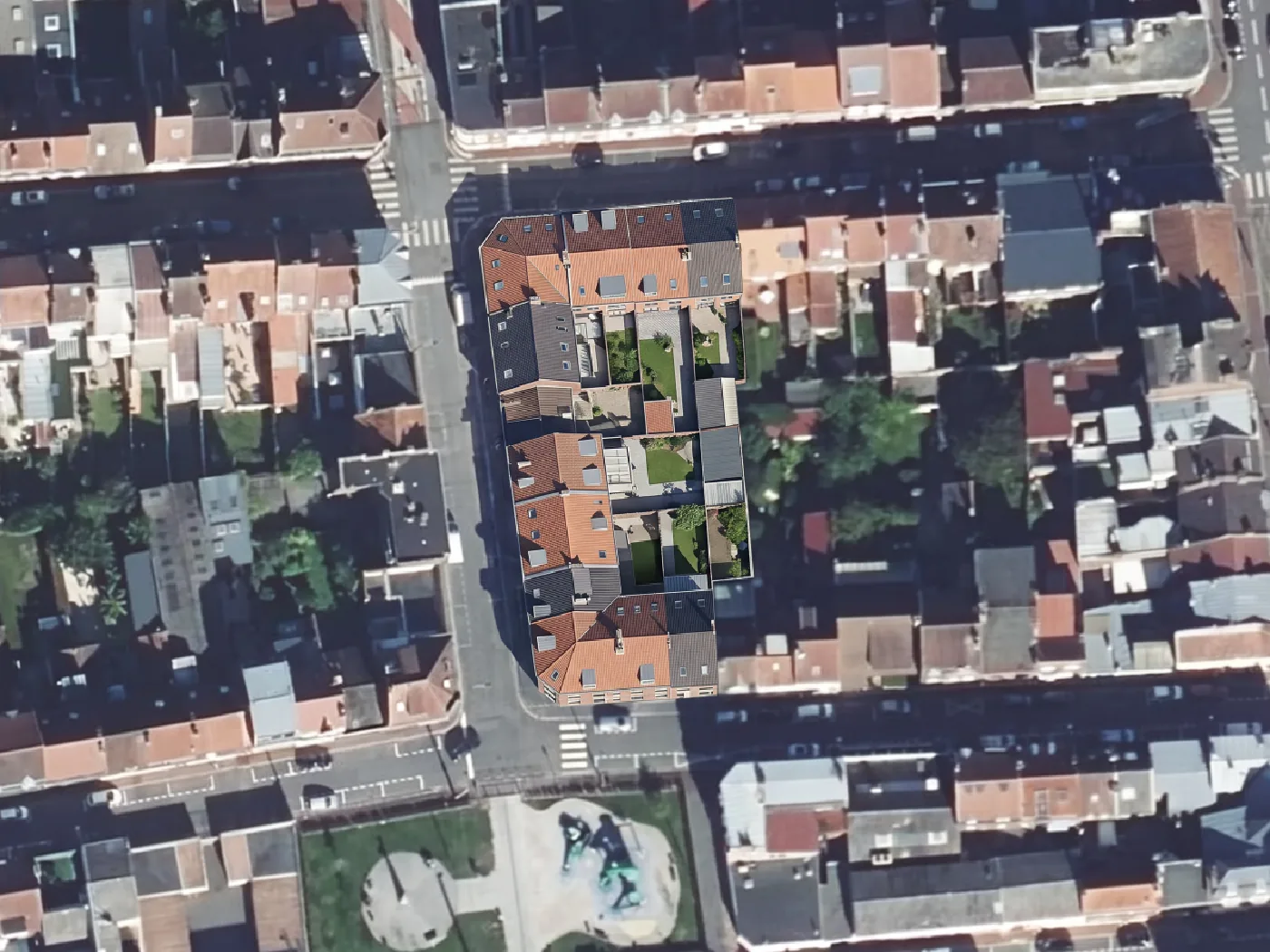 The Lens car park on the left, the same frame on the right with a block of terraced houses and back gardens in its place (after)