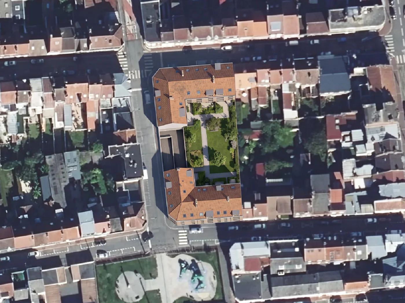 The Lens car park on the left, the same frame on the right with a U-shaped residential block around a planted courtyard (after)