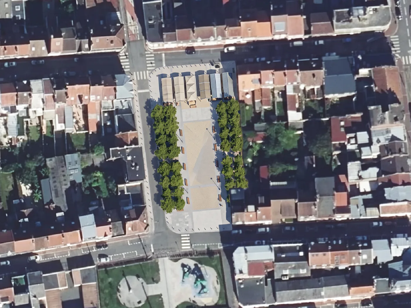 The Lens car park on the left, the same frame on the right as a paved square with rows of trees, benches and market stalls (after)