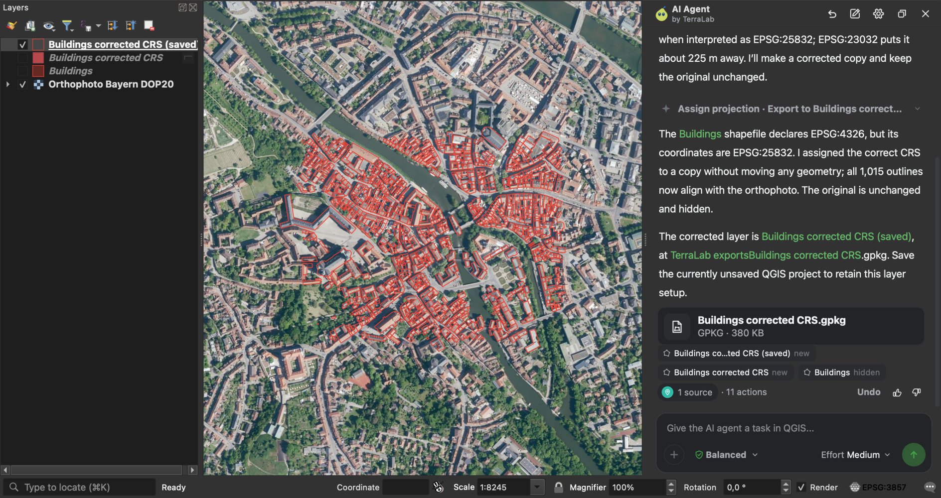 QGIS with the AI Agent panel docked on the right. The map shows Bamberg's buildings aligned on the aerial photo. The agent's answer says the Buildings shapefile declares EPSG:4326 but its coordinates are EPSG:25832, that it assigned the correct CRS to a copy without moving any geometry, that all 1,015 outlines now align with the orthophoto, and that the original is unchanged and hidden. Below: the saved GeoPackage, the layers it added or hid, 1 source, 11 actions and an Undo button.