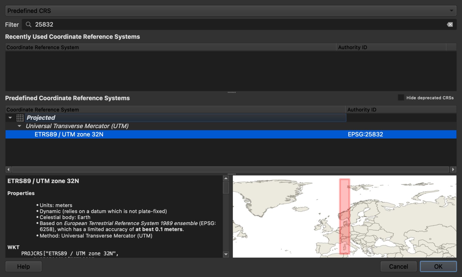 The QGIS Set CRS dialog with 25832 typed in the filter. ETRS89 / UTM zone 32N, EPSG:25832, is selected under Projected, Universal Transverse Mercator. The details pane lists units in metres and the ETRS89 datum, and a small world map highlights the UTM zone 32N strip over central Europe.