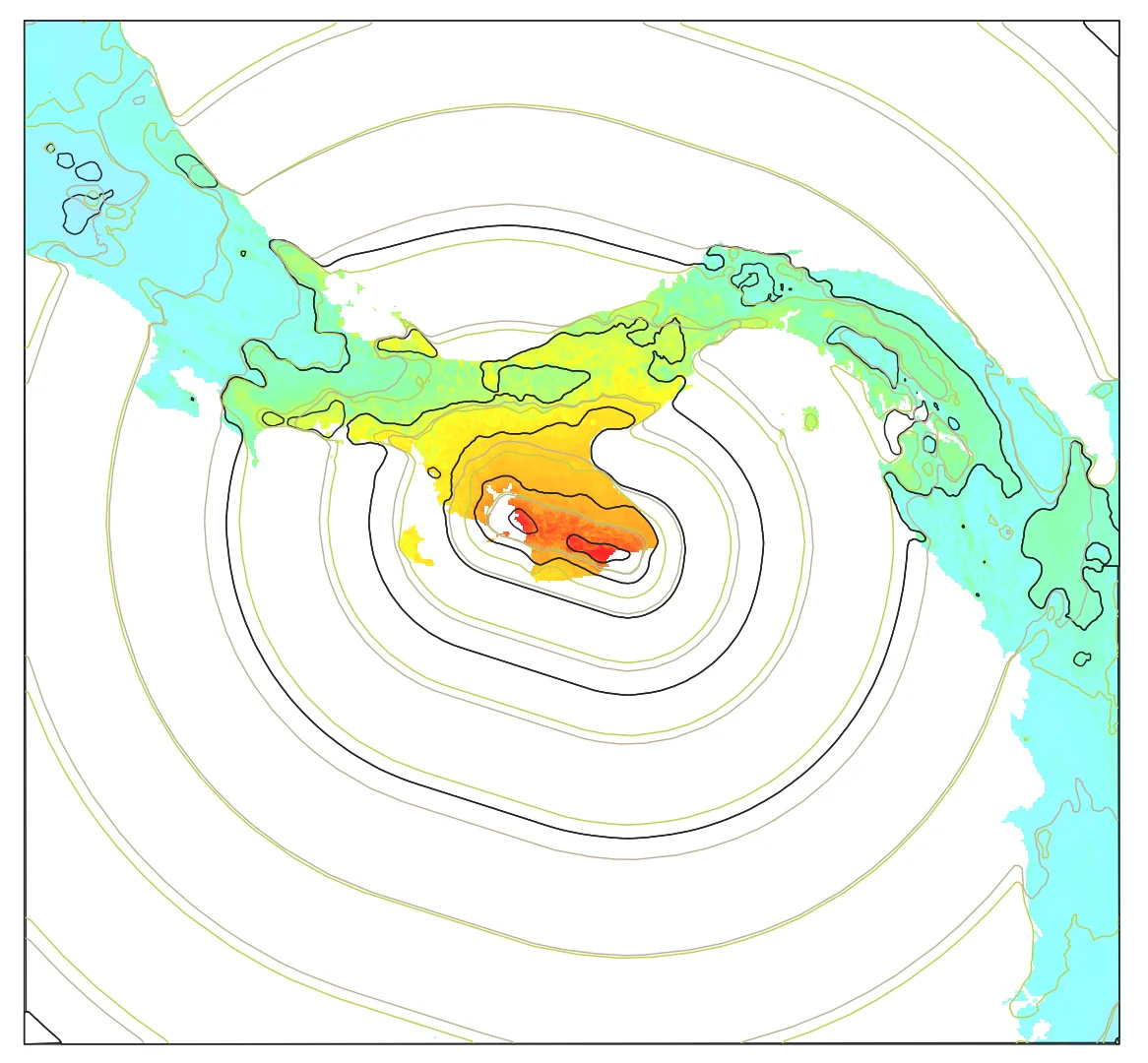Two QGIS views of the same ShakeMap. On one, only the contour lines and the empty overlay rectangle. On the other, the shaking intensity image over Panama, cyan on the coasts to red near the epicentre, with the same contours on top. (after)